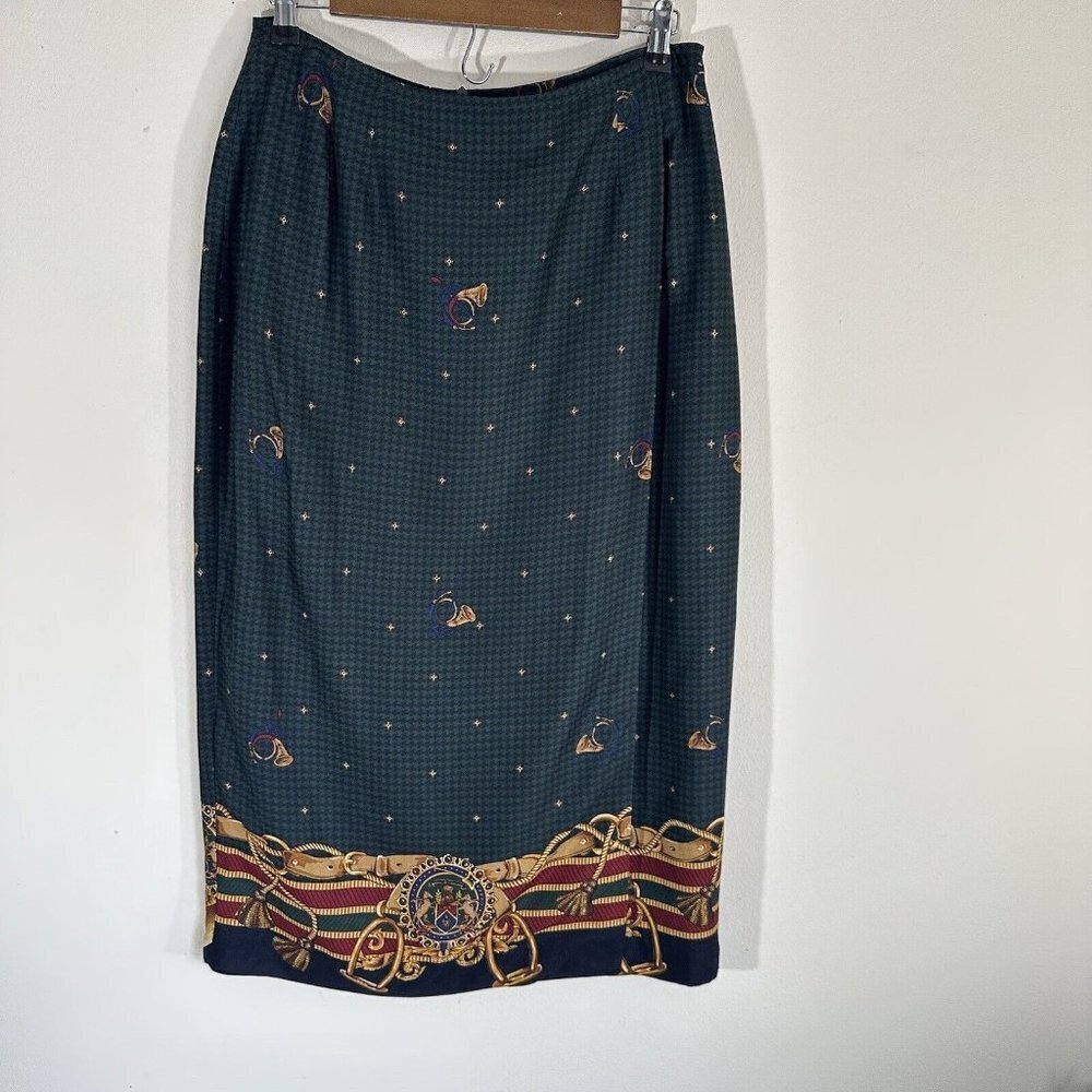 VTG Charter Club Green Houndstooth Faux Wrap Midi Skirt Equestrian Horses 14 P